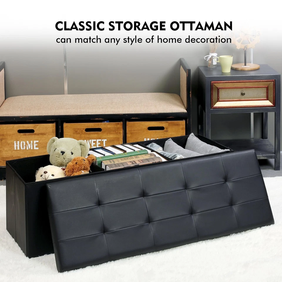 Banco otomano de almacenamiento plegable, cofre largo de cuero sintético negro con bandeja, pie... Foto 4 de 4