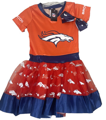 NWT NFL Denver Broncos Football Dress with Tulle Girls Medium Orange Blue Silver