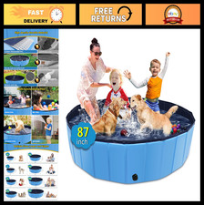 Large Foldable Dog Pool 87" x 14" - Collapsible Non-Slip Bath Tub for Pets, Kids