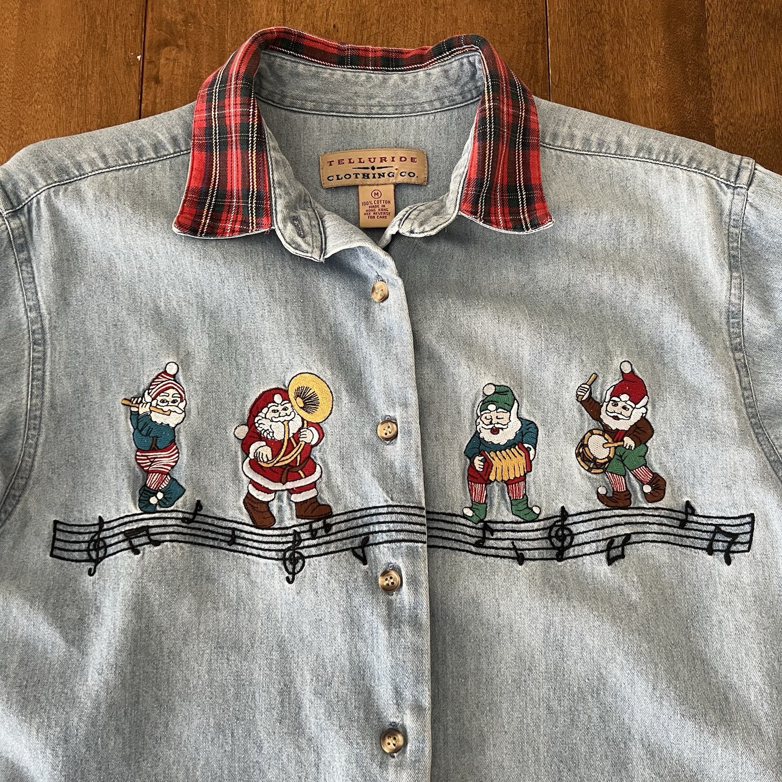 VTG 90s Embroidered Button Up Denim Shirt Sz M Teacher Grandma Cottage Elf Music