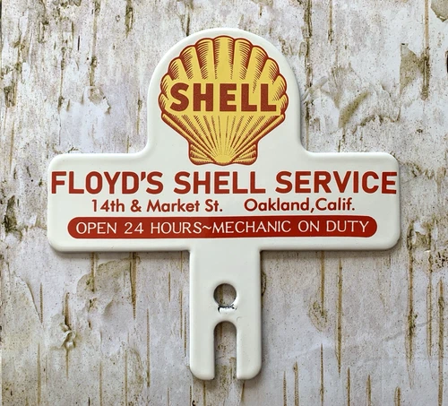 VINTAGE FLOYD'S SHELL SERVICE GASOLINE MOTOR OIL GAS PUMP STATION PORCELAIN SIGN