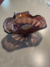 small murano deep purple bowl with multi colored swirls, perfect condition.