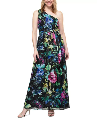 SL Fashions Floral-Print One-Shoulder Maxi Dress Women's 18 Black Multi Zipper~