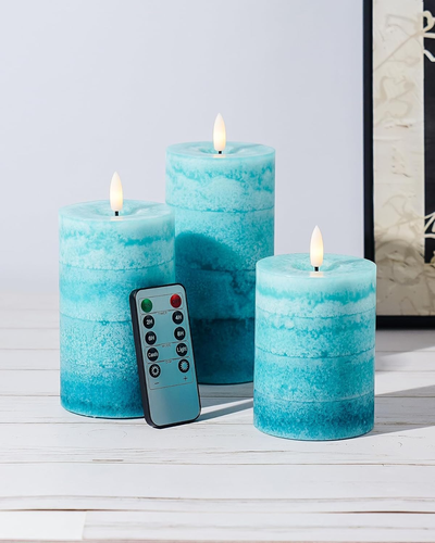 Gradient Teal Flameless Candles with Remote and Timer, Real Wax Made LED Pillar - Picture 10 of 12