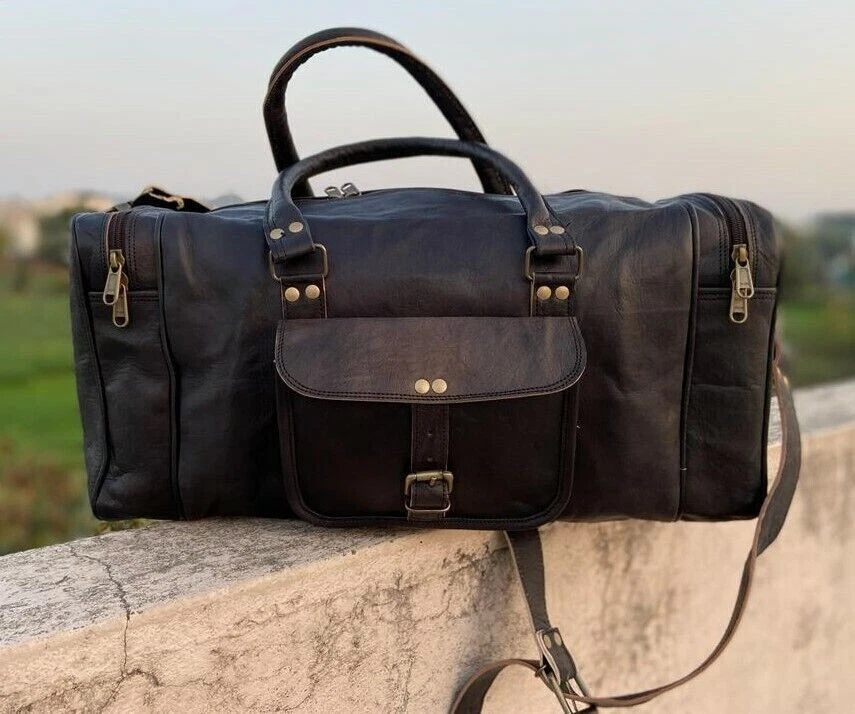 Large BLACK Duffle Men Genuine Leather Travel Luggage Gym Weekend Overnight Bag - Image 3 of 4