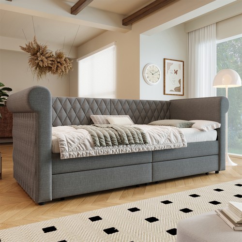 Daybett Polsterbett Tagesbett Chesterfield Schlafsofa 90x200cm mit Stauraum Grau - Bild 2 von 9