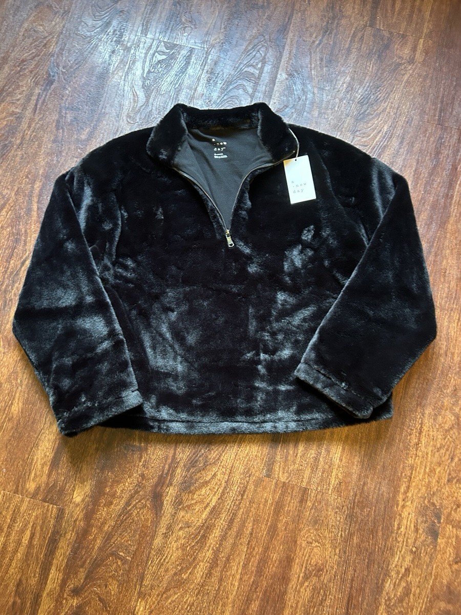 Women's A New Day Long Sleeve Faux Fur Quarter Zip Pullover Black