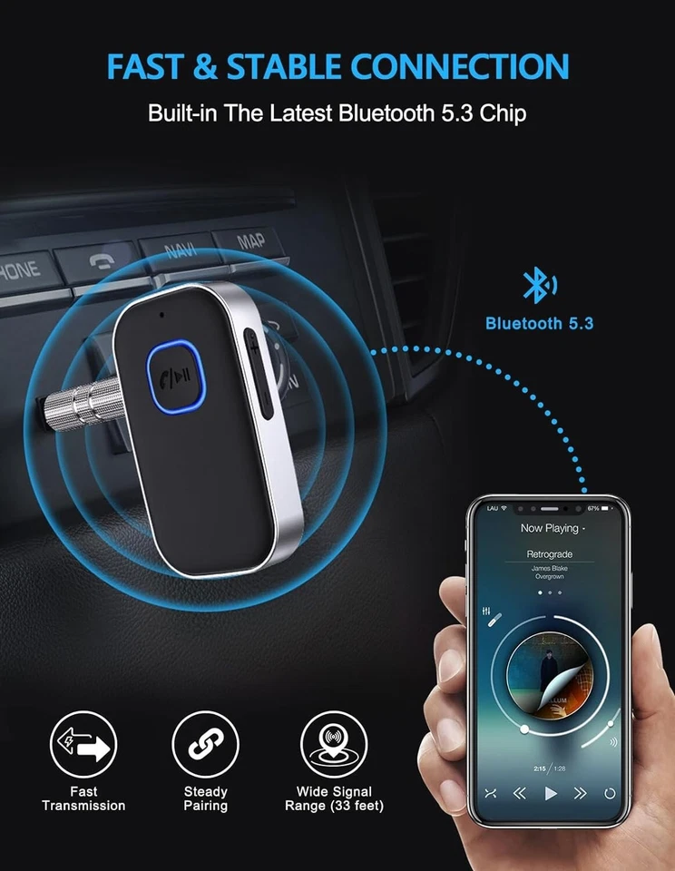 Bluetooth Handsfree Audio Music Receiver 3.5mm Adapter Car Kit AUX USB Charger - Image 3 of 4