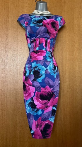 Vestido midi Karen Millen UK 12 estampado floral de rosas cuello barco fiesta cóctel lápiz - Imagen 3 de 6