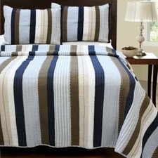 BEAUTIFUL COZY BROWN BLUE WHITE NAVY PATCHWORK STITCH PLAID LODGE SOFT QUILT SET