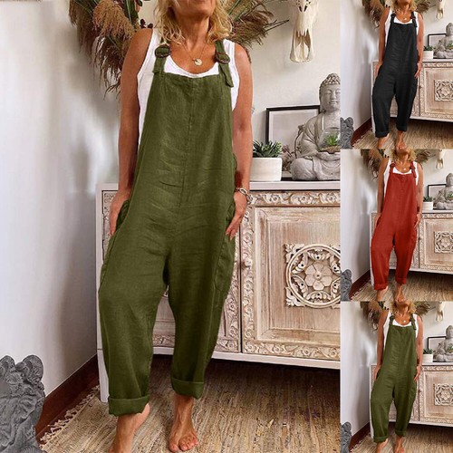 Womens Cotton Linen Strappy Dungarees Jumpsuit Ladies Baggy Overalls Trousers