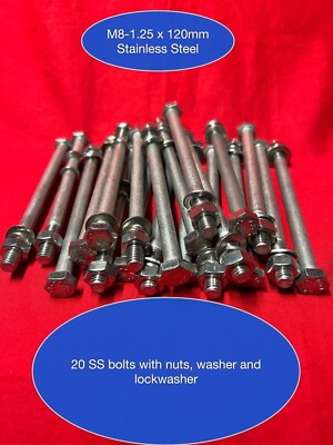 20 Ea. M8-1.25 x 120mm Hex Bolt SS Stainless Steel  Metric Includes Nut, Washer