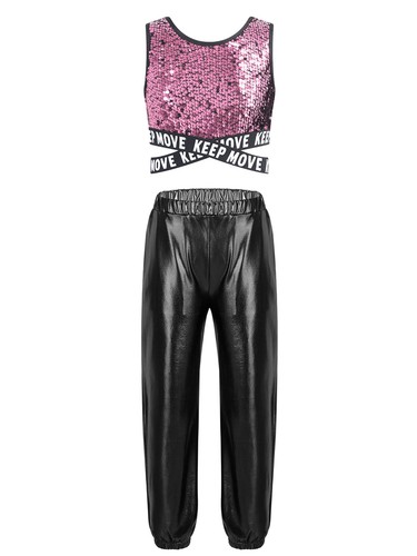 Kids Girls Tracksuit Sequins Hip Hop Criss-cross Crop Top With Pants Round Neck - Picture 23 of 68