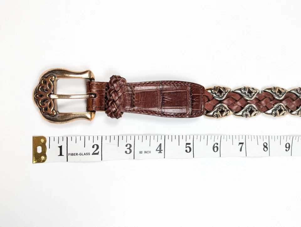 Brighton Brown Braided Leather Belt Silver Brass Scroll Buckle Western Size M - Image 2 of 4