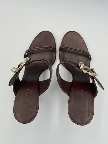 GUCCI Juanita Oxblood Burgundy Leather Sandals Gold Buckle Heels IT 38,5 US 8,5 - Bild 6 von 17
