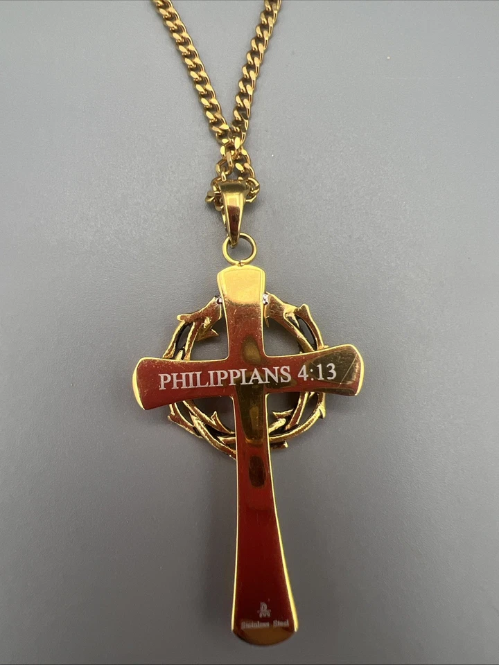 Collar de acero inoxidable cepillado y pulido amarillo IP con cruz de circonita cúbica de 22 pulgadas Foto 4 de 4