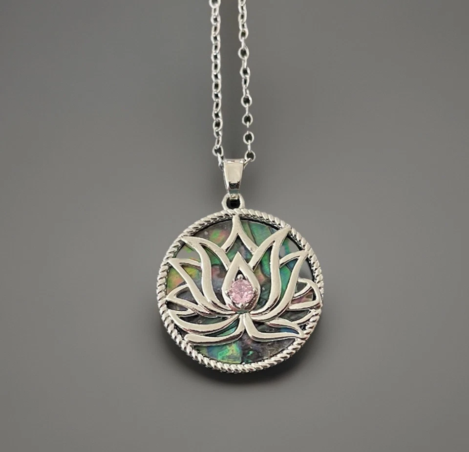 Lotus Flower And Pink Crystal Abalone Shell Pendant Necklace - Brand New - Image 4 of 4
