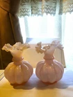 two VINTAGE FENTON pink peach OVERLAY MELON CRIMPED ruffle top VASES perfect