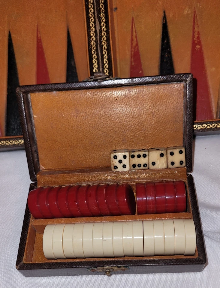 Antique Leather & Bakelite Travel Backgammon Checkers Set from France Rare HTF - Image 2 of 4