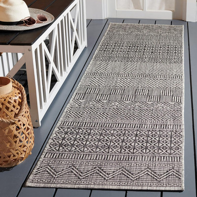 Washable Outdoor Runner Rug - 2'3'' x 14', Black & Grey, Easy Clean