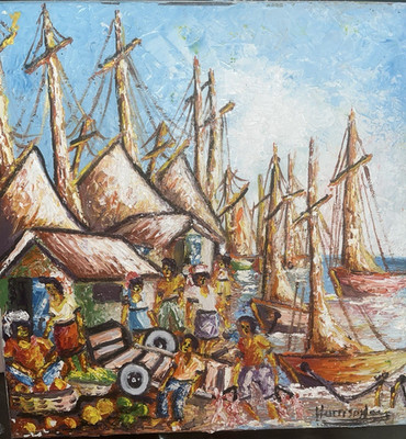 Harrison leveque Impressionist Oil Painting Ships Market Seaside Original Canvas