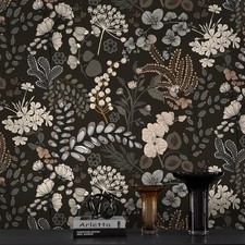Guvana Peel and Stick Wallpaper Black Floral 17.3 x 78.7, Black/Brown