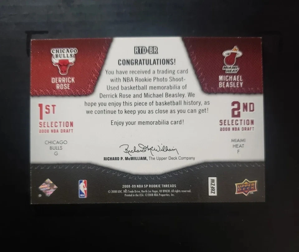 Tarjeta de novato 2008-09 UD Dual Sp Jersey Rookie Threads D.Rose, M. Beasley #RID-BR Foto 2 de 2