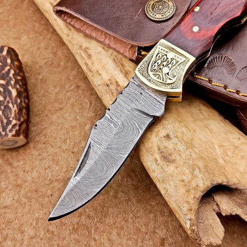CUSTOM Handmade Damascus Pocket Knife – Folding Knife, Leather Sheath IT-1412 - Picture 2 of 12