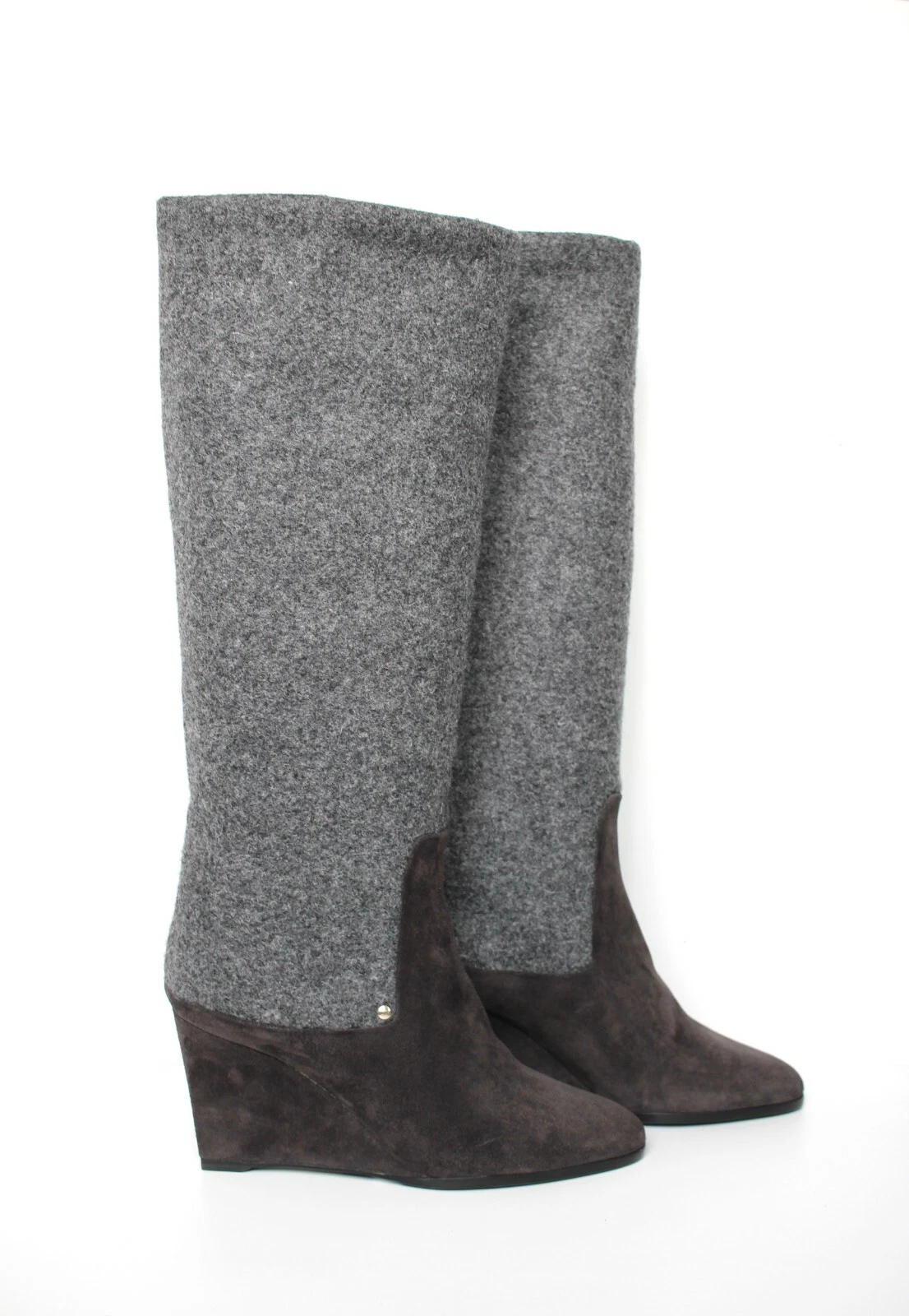 CHRISTIAN DIOR Bottes genouillères doublées peau de mouton talon compensé laine daim vintage IT39 UK6
