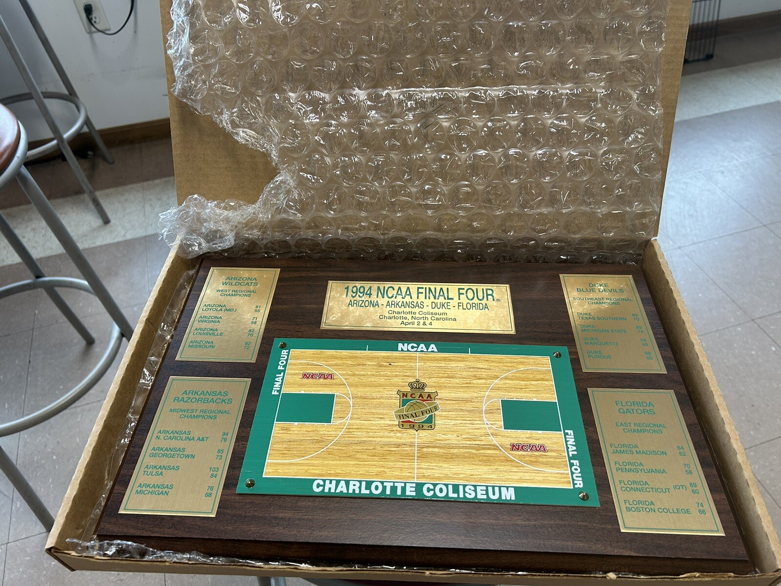 1994 NCAA Basketball FINAL FOUR BASKETBALL FLOOR PLAQUE. Charlotte NC! Hogs win!