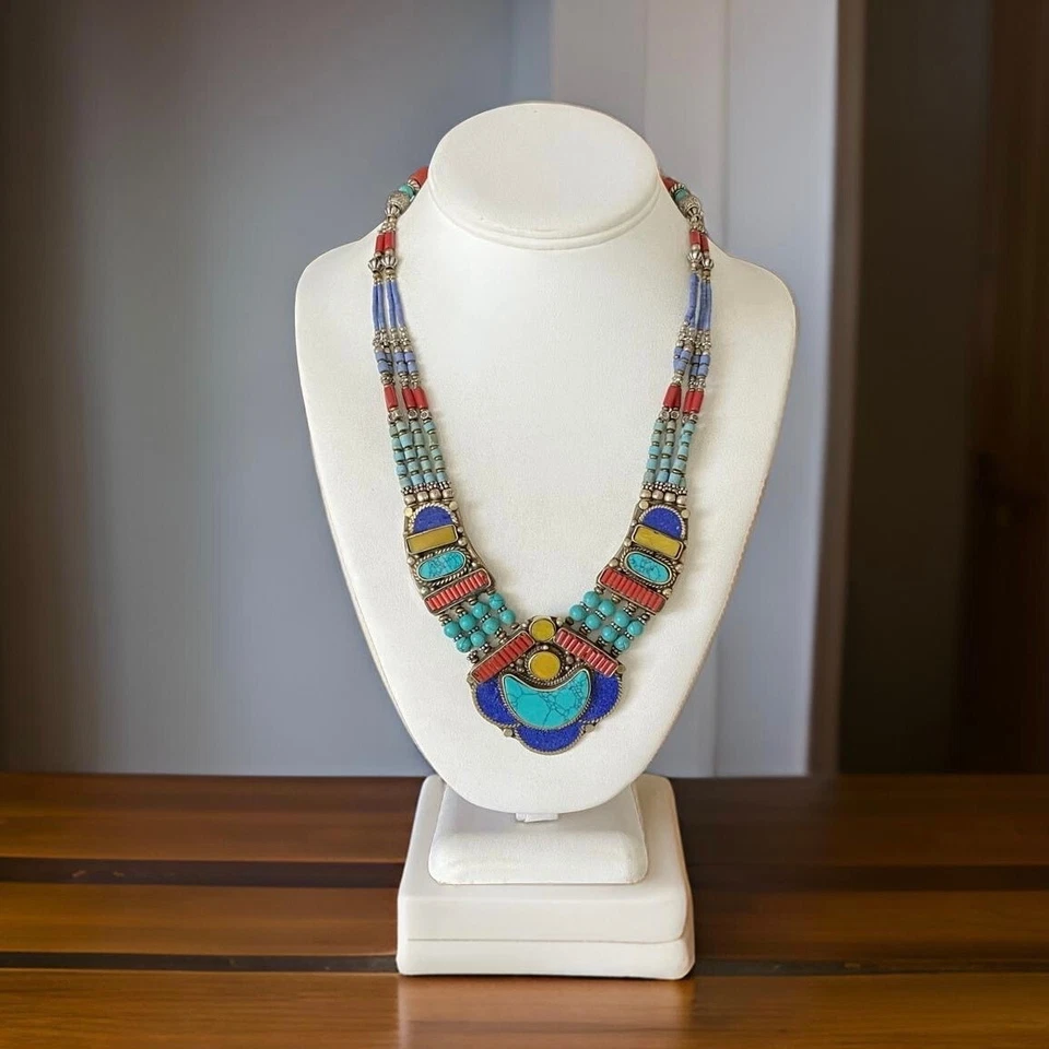 Nepal Tibetano Babero Collar Turquesa Nepal Étnico Lapislázuli Hecho a Mano Joyería Boho  Foto 3 de 4