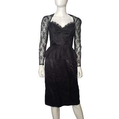 black lace wiggle dress Vintage GUNNE SAX McClintock Black Lace Dress Peplum Wiggle Sweetheart  Small
