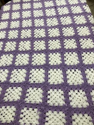 Handcrafted Granny Square Crochet Blanket Lavender White Blanket Afghan 88x100