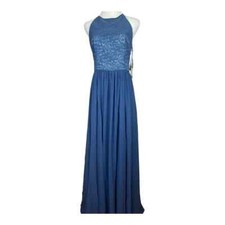 NWT Vera Wang Blue Fog Metallic Lace Full Length Halter Gown Size 6