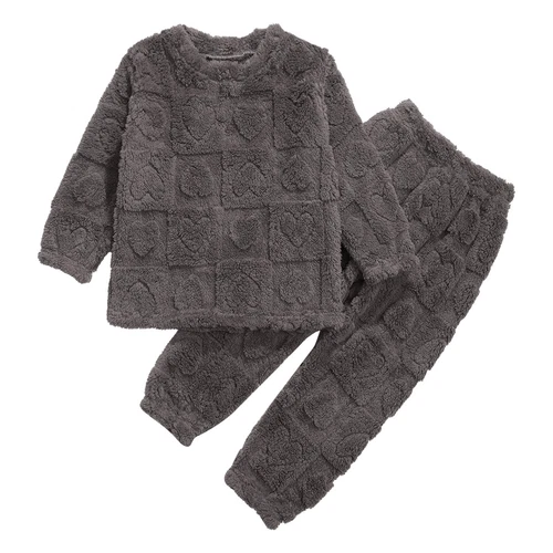 Kids Boys Girls Pajamas Set Solid Color Tops With Pants Round Neck Flannel Suit - Foto 46 di 72