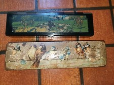 Lot de 2 anciens plumiers thème : chasse et oiseaux /carton bouilli papier mâché