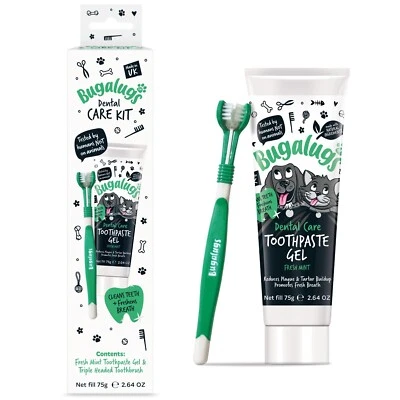 Bugalugs Dental Care Kit Dogs & Cats Toothpaste Gel & Triple Headed Toothbrush