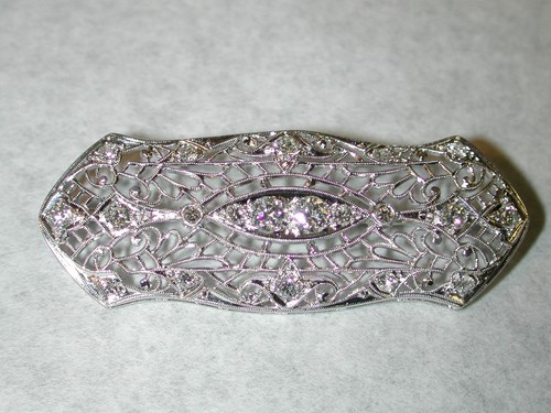 Platino Diamante Filigree Pin .80 Carati Grande 16mm Largo By 45mm Lungo - Foto 4 di 7