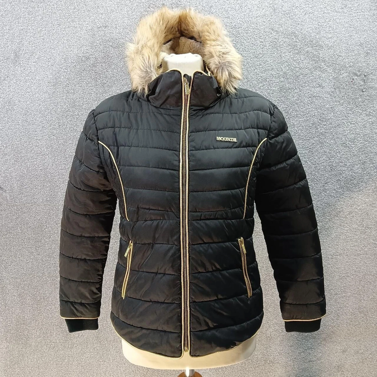 MCKENZIE BLACK GOLD PUFFER COAT PADDED JACKET FAUX FUR HOOD Y2K UK 12 13YRS