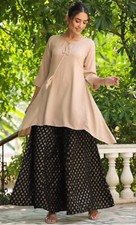 Indian Wear; Women Solid Assymetrical Rayon A-line Kurta with Palazzo