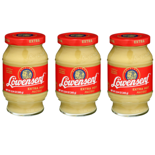 LOWENSENF MUSTARD Extra Hot German Condiment, 9.3 OZ Glass Jar, (Pack