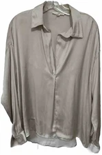 Grade & Gather Size S/M Long Sleeve V-neck Silky High/Low Oversized Blouse EUC