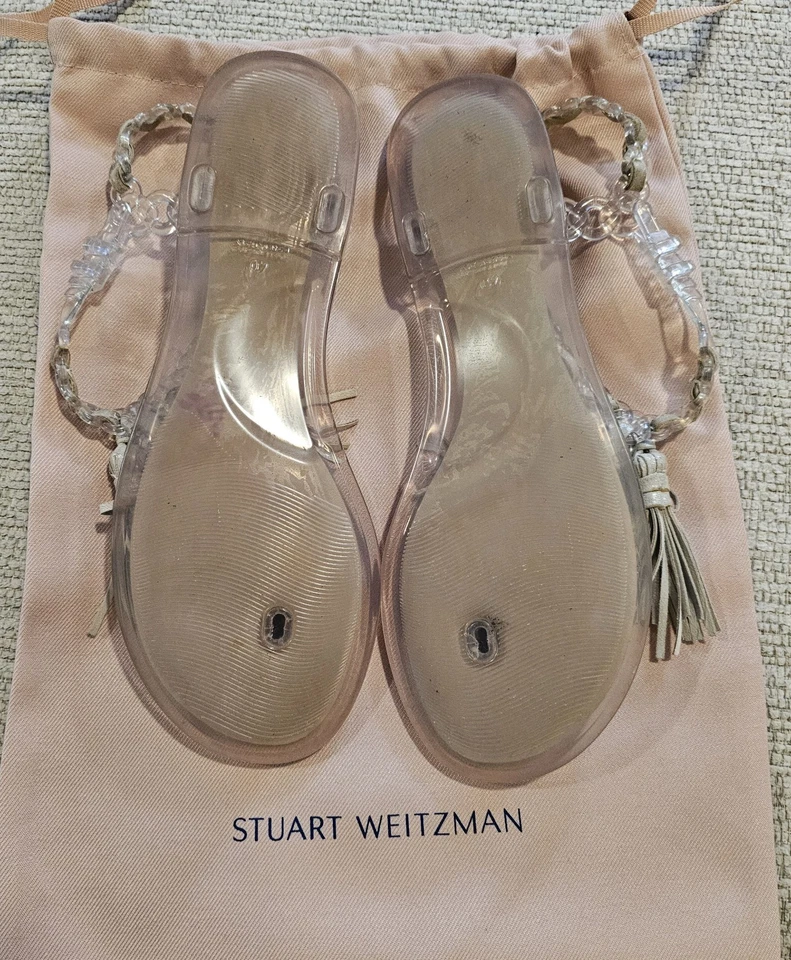Sandalias Stuart Weitzman para mujer borlas planas de cuero platino ~ ¡TALLA 9/40 M bolsa para el polvo! Foto 4 de 4