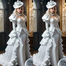 White Victorian Evening Dresses Puff Sleeves Layered Ruffles Satin Evening Gowns