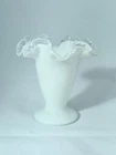Vntg Fenton Silver Crest Milk Glass Trumpet 4.25" Vase W/ Ruffed Clear Edge USA