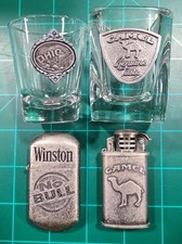 Vintage Camel & Winston Butange Lighter + Shot Glasses