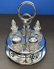 Complete Cruet Set Rotating 6 pc Metal & Glass Salt  Pepper Oil Vinegar Jam