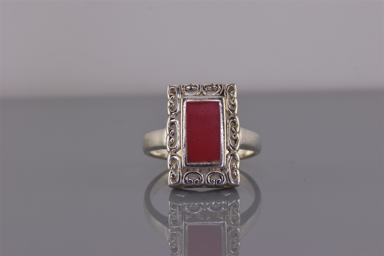 Sterling Silver Scrolled Frame Rectangle Red Cora… - image 1