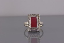 Sterling Silver Scrolled Frame Rectangle Red Coral Band Ring 925 Sz: 8