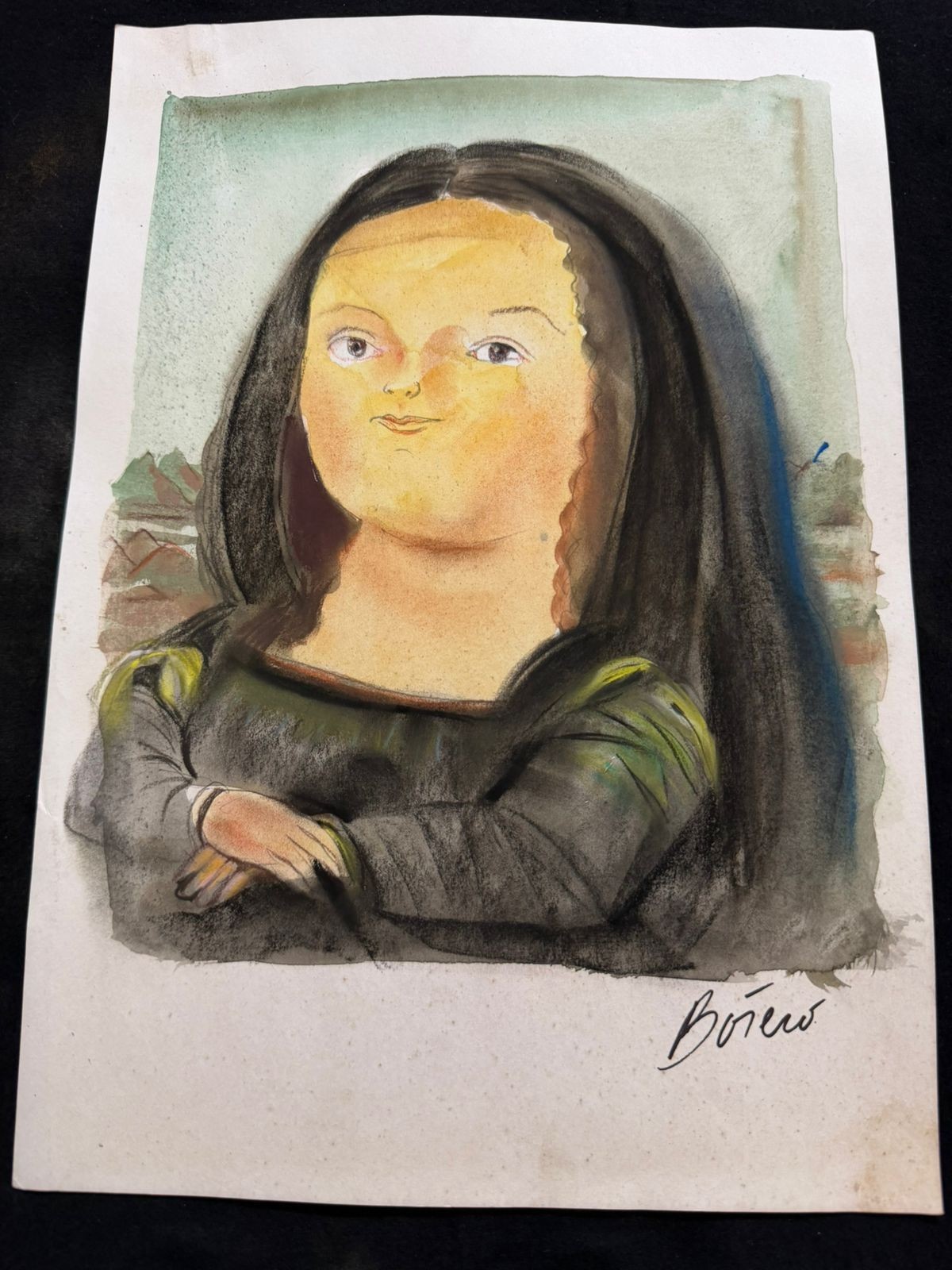FERNANDO BOTERO  drawing and painting on old paper signed stamped vintage